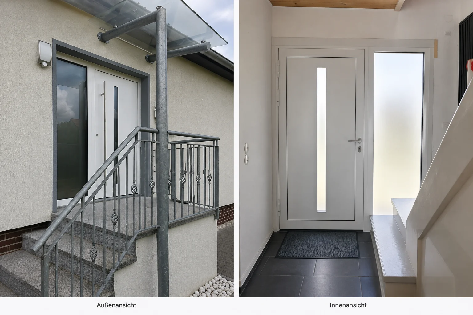 Aluminium-Haustür mit Seitenteil in Außen- und Innenansicht