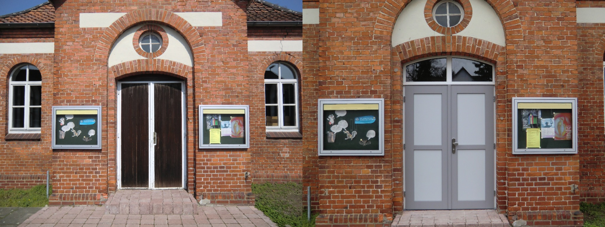 Vorher-Nachher Vergleich einer erneuerten zweiflügeligen Eingangstür an einem Klinkergebäude